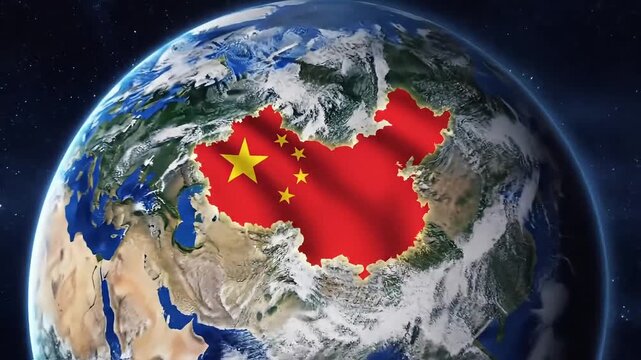 Vibrant flag of China superimposed on a glowing Earth, representing global influence and connection.