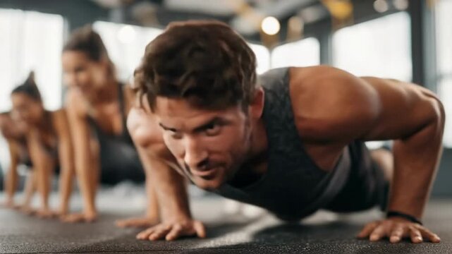 Man in a gray sleeveless shirt doing push-ups on a gym mat, with other people exercising in the background.