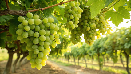 Fototapeta premium Grapes hanging on tree in garden, Grape on tree in natural warm sunlight background