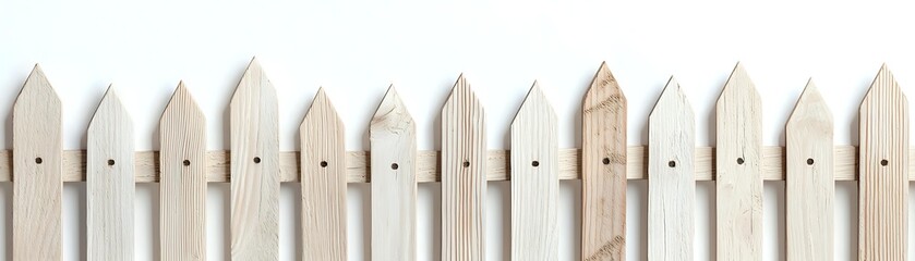 Fototapeta premium Rustic wooden picket fence row isolated on white background, classic American style garden border design element for landscaping and home exterior.