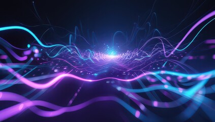 Abstract neon light trails with glowing particles and dark background