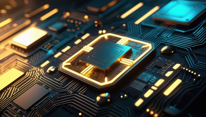 Close up of a modern computer chip on a circuit board with gold accents