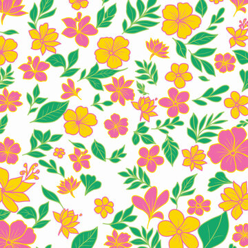 Colorful Tropical Floral Pattern Vector &mdash; seamless flower and leaf design in pink, yellow, and green tones. Perfect for fabric, wallpaper, wrapping paper, and summer prints.