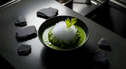 Gourmet Green Gazpacho Soup Artistically Presented With Unique Icy Elements on Dark Surface