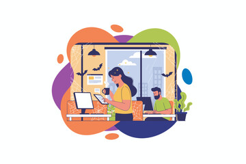 People working in a modern office with Halloween decorations blending productivity with festive spirit