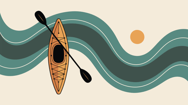 A kayak with paddle on a river with a sun in the background in a simple cartoon style illustration