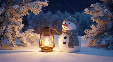 A heartwarming winter night scene showcasing a cheerful snowman, adorned with a cozy gray knit hat and matching scarf, standing beside a glowing antique brass lantern.