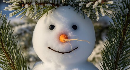 Close-up of a Friendly Snowman's Face Peeking Through Frosty Pine Branches.