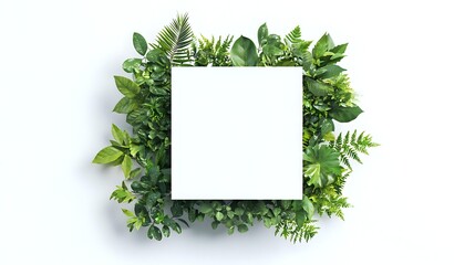 White square frame surrounded by fresh green tropical leaves and ferns on white background, creating natural border for text or design elements.