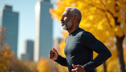 Senior african man runs outdoor near skyscrapers. Elderly male enjoys jogging for well being, physical fitness in nature. Mature man exercising for healthy active aging during retirement.