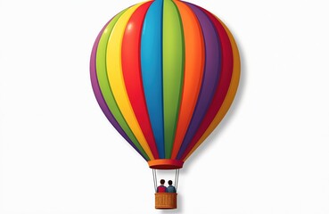 Vibrant hot air balloon illustration floats against white background. Two figures enjoy a scenic journey in colorful basket. This playful design suits travel marketing or childrens artwork projects.