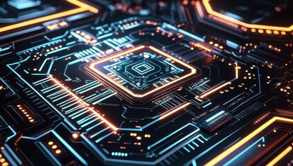 Futuristic circuit board with glowing neon lights and intricate details shown