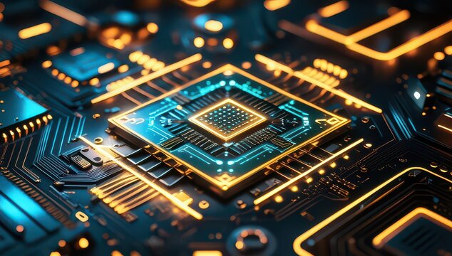 Detailed view of a modern circuit board with glowing blue and gold accents