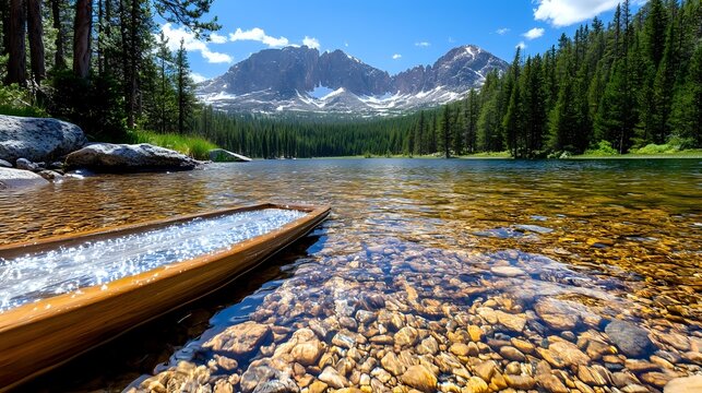 Tranquil mountain lake with crystal clear water revealing rocky bottom, wooden canoe edge in foreground, snow-capped peaks and evergreen forest surrounding alpine landscape.