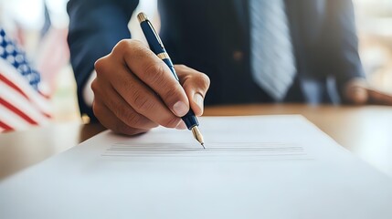 African American businessman signing legal document at office desk with American flag in background, professional corporate setting for business contracts.