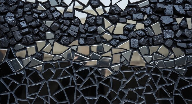 Intricate textured surface featuring irregular black stones and reflective mirrored fragments creating a visually