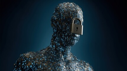 A digital humanoid figure composed of data bits, featuring a padlock over its face, symbolizing security and privacy in technology.