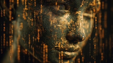 A digital face appears amidst glowing binary code, representing artificial intelligence and technology's impact on humanity.