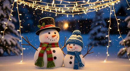 A enchanting winter night scene featuring two adorable snowmen, a large one in a black top hat and a smaller one in a blue knit cap, both wearing festive scarves.