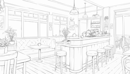 Cozy coffee shop interior coloring page with vintage furniture and warm lighting for creative relaxation
