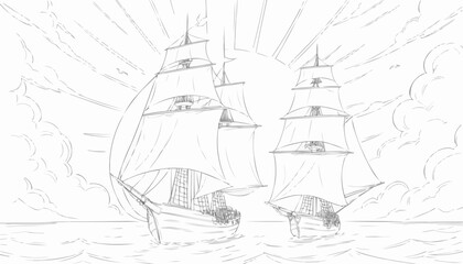 Sailing ship coloring page featuring full sails, ocean landscape, and dramatic clouds for creative relaxation
