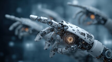 Fototapeta premium A detailed depiction of robotic hands reaching out, showcasing intricate designs and futuristic technology in a digital environment.