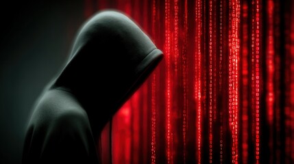 A shadowy figure in a hoodie stands against a backdrop of glowing red binary code, evoking themes of mystery and technology.