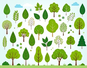 Collection of stylized, green trees, leaves, and elements in various shapes and designs against a light blue background, suitable for illustration