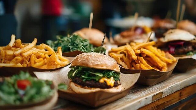 A row of sesame-bun burgers with cheese and greens, plus generous fries on wooden boards.