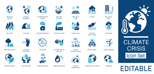 Climate Change and Global Warming solid icon set. Featuring Pollution, Carbon Footprint, Net Zero, and Renewable Energy. Flat vector design for environmental awareness and sustainability projects.