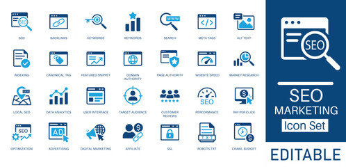 SEO and Digital Marketing solid icon set. Contains symbols for Keywords, Backlinks, Data Analytics, and PPC. Flat vector design for website ranking and marketing strategy.