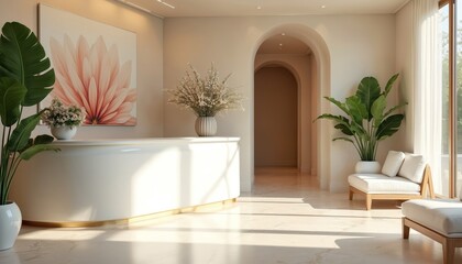 Stylish lounge zone in spa wellness center. Reception area decorated with flower pots. Elegant furniture in waiting room. Modern interior design with relaxing atmosphere. Plants, decor items add