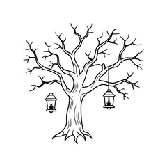 Mystical Haunted Tree with Glowing Lanterns at Night