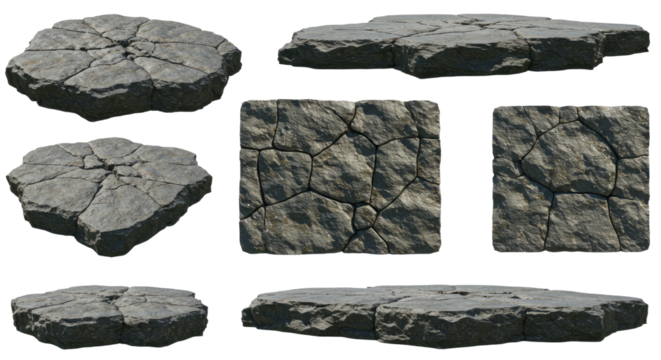 Set of realistic cracked stone slabs with rough textures and natural irregularities, ideal for architectural visualization and game design projects