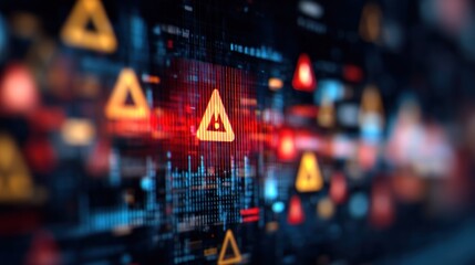 A digital interface featuring warning symbols and data visualizations, suggesting themes of cybersecurity and technological alerts.