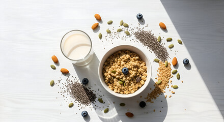 Healthy breakfast, muesli in a bowl with milk and fruits in a top view shot
