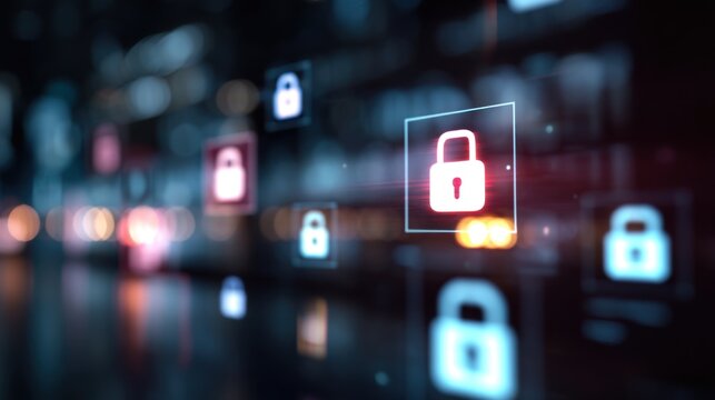 A digital representation of security, featuring multiple padlock icons against a futuristic backdrop, emphasizing themes of safety and protection.
