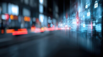 Abstract digital scene featuring glowing locks and data streams, depicting themes of cybersecurity and technology in a modern cityscape.