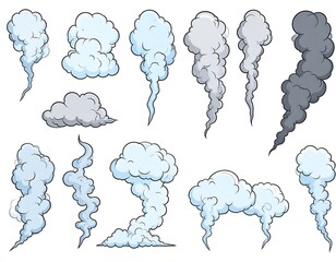 Collection of stylized smoke plumes, cartoon illustration.  Varied forms, shades of gray and blue, rising and swirling on white background