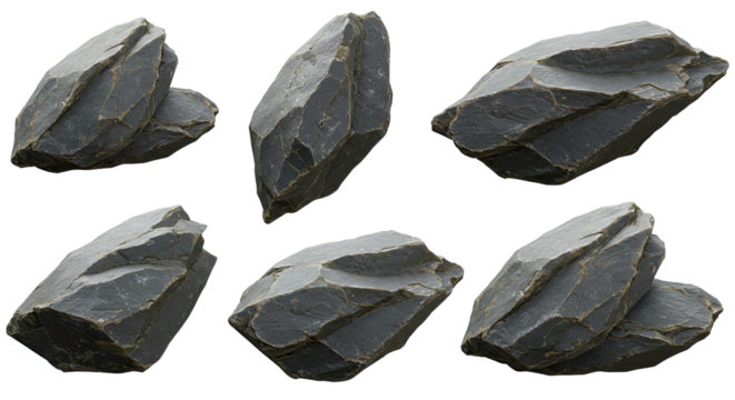 Set of seven ancient stone hand axes isolated on white background, prehistoric tools perfect for archeology and history projects