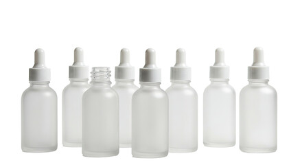 Set of six frosted glass dropper bottles with white caps and droppers, ideal for essential oils, serums, and skincare products