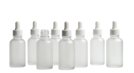 Set of six frosted glass dropper bottles with white caps and droppers, ideal for essential oils, serums, and skincare products