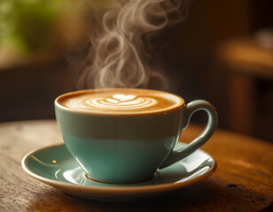 A steaming latte with a heart-shaped latte art design in a teal cup on a wooden table. A cozy close-up emphasizing warmth and the morning coffee ritual.