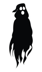 Scary black silhouette of a spooky ghost or phantom floating in darkness with a menacing appearance. Vector cartoon illustration