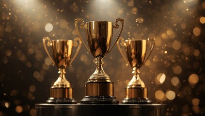 Three golden trophies stand on a podium, illuminated by a spotlight