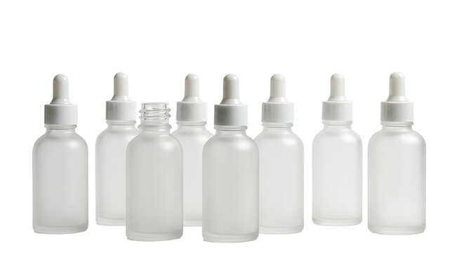Set of six frosted glass dropper bottles with white caps and droppers, ideal for essential oils, serums, and skincare products - Powered by Adobe