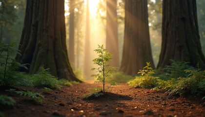 Young sapling plant grows alone in forest path. Tall giant redwood trees stand around, bright golden sunlight shines through canopy. New life, hope emerge from ground. Green sprout thrives in