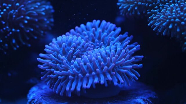 Close up view of vibrant blue coral aquatic life underwater