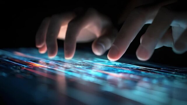 Two hands touch a glowing touchscreen, with colorful reflections lighting up the surface.