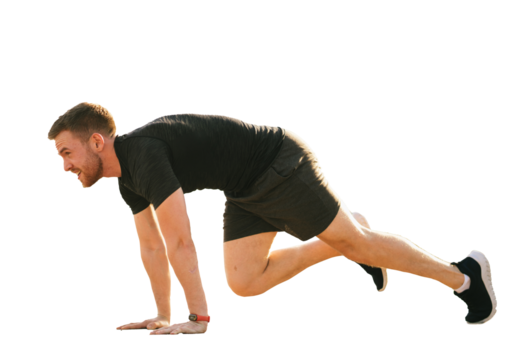 man doing mountain climbers against transparent background . He is focused and determined, with a bright environment and fitness equipment visible in the background